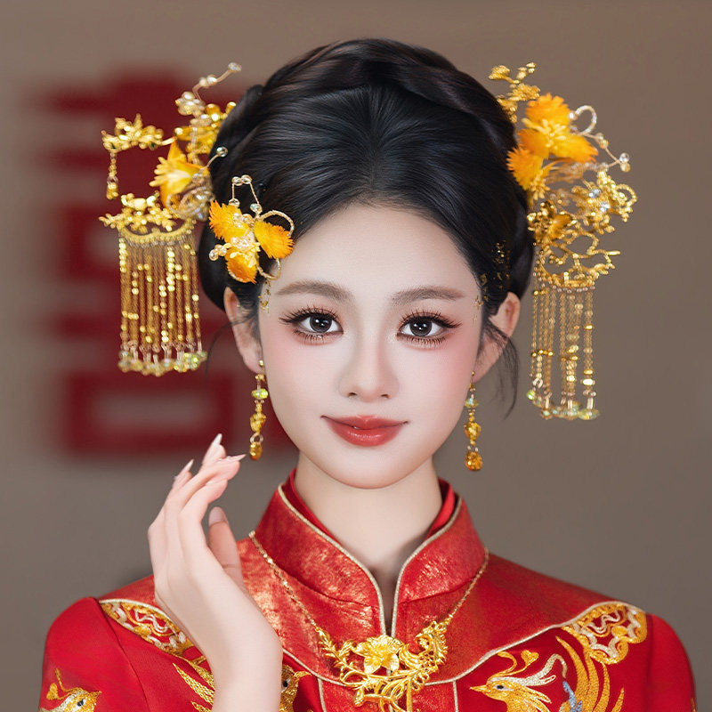 中式新娘发饰原创古风中式龙凤褂渐变仿真花朵流苏结婚秀禾发饰品