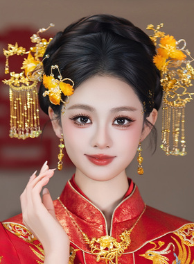 中式新娘发饰原创古风中式龙凤褂渐变仿真花朵流苏结婚秀禾发饰品