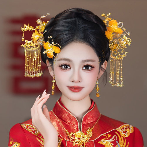 中式新娘发饰原创古风中式龙凤褂渐变仿真花朵流苏结婚秀禾发饰品