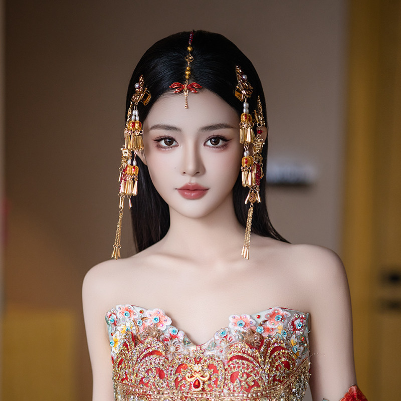 民族风金红色蜻蜓流苏眉心坠发夹复古高级边夹汉服古装新娘发饰品