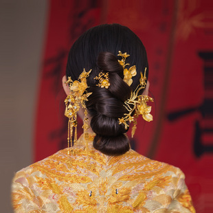 2025新中式 金色高级大气蝴蝶发簪汉服龙凤褂新娘发饰 秀禾头饰新款