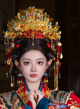 重工奢华凤冠霞帔流苏发冠结婚新娘头饰中式古风汉服结婚拍照发饰