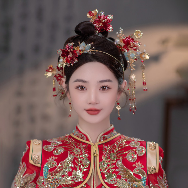 新娘头饰红色造花液手工花朵古风古典盘发中式古装秀禾服结婚发饰