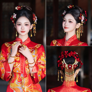 红色新娘发饰复古手工绒花饱满后区中式婚礼龙凤褂减龄秀禾发饰品
