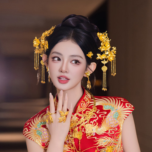 新娘贵气秀禾服结婚头饰全金色百搭减龄龙凤褂旗袍新中式流苏发饰