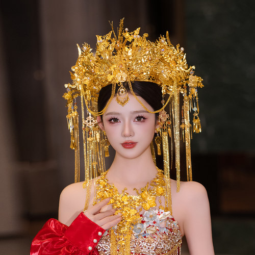 新娘中式金色凤凰蝴蝶喜字整环大凤冠婚礼配饰品秀禾龙凤褂发饰品