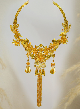 2026新款全金色奢华重工古典凤凰花朵流苏锦鲤龙凤褂喜字项圈配饰