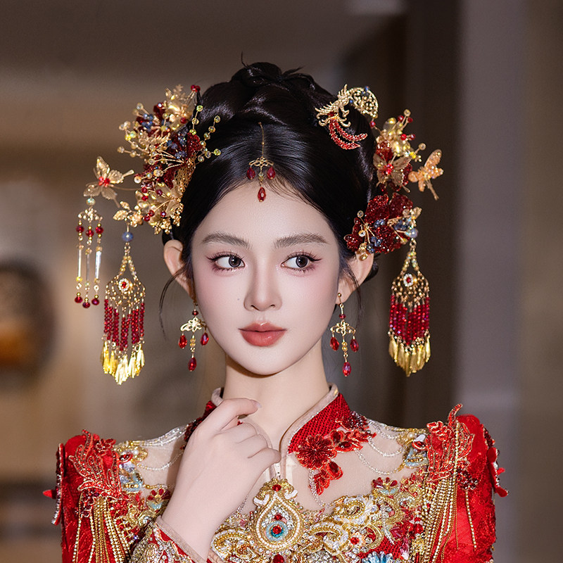 新娘头饰新中式新款红色眉心坠复古造型盘发簪子秀禾服结婚发饰品