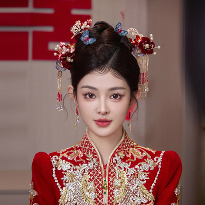 新娘头饰中式古风蓝色蝴蝶绒花流苏发簪古典造型秀禾服结婚发饰品