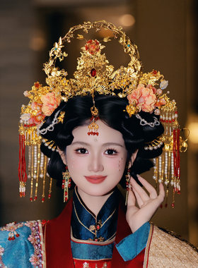 汉服新娘明制凤冠发饰古风大气奢华流苏花朵发簪中式龙凤褂发饰品