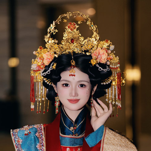 汉服新娘明制凤冠发饰古风大气奢华流苏花朵发簪中式龙凤褂发饰品