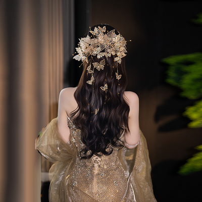 新款新娘头饰香槟金高端蝴蝶系列奢华流苏结婚礼服婚纱晨袍配饰品