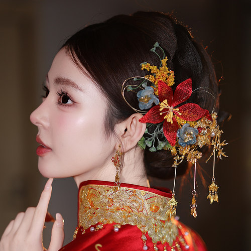 中式新娘发饰新款气质侧边盘发金红蓝花朵桂花支减龄百搭精致套装
