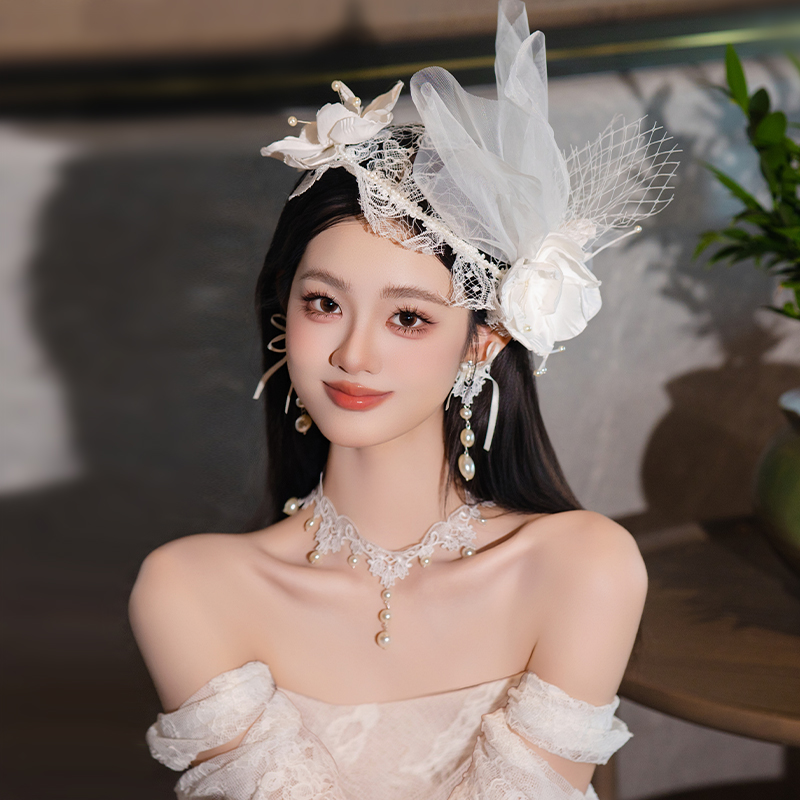 法式新娘仙美蕾丝网纱礼帽高级感手工复古花朵婚纱礼服结婚配饰品