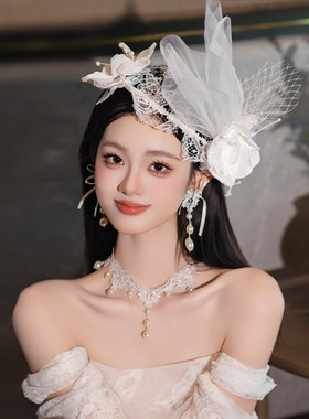 法式新娘仙美蕾丝网纱礼帽高级感手工复古花朵婚纱礼服结婚配饰品
