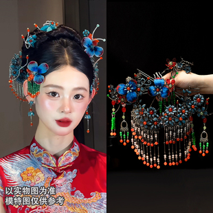 新娘头饰小众中式 旗袍秀禾服配饰品 蓝色高端绒花手工古风发饰新款