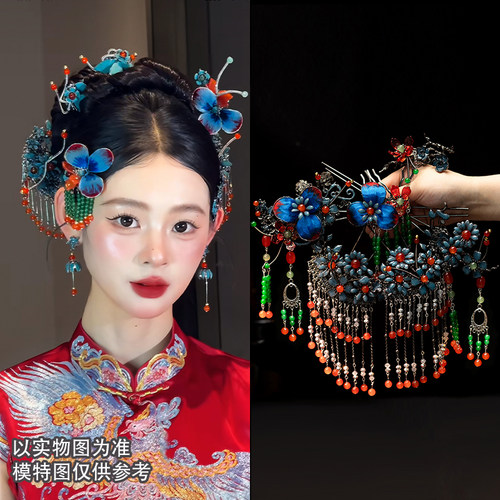新娘头饰小众中式蓝色高端绒花手工古风发饰新款旗袍秀禾服配饰品