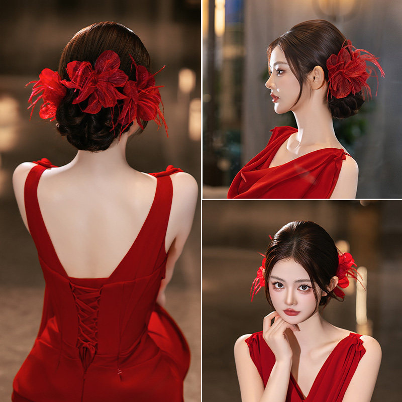 复古新娘发饰手工绢纱羽毛气质红色后区订婚敬酒服森系发饰配饰品