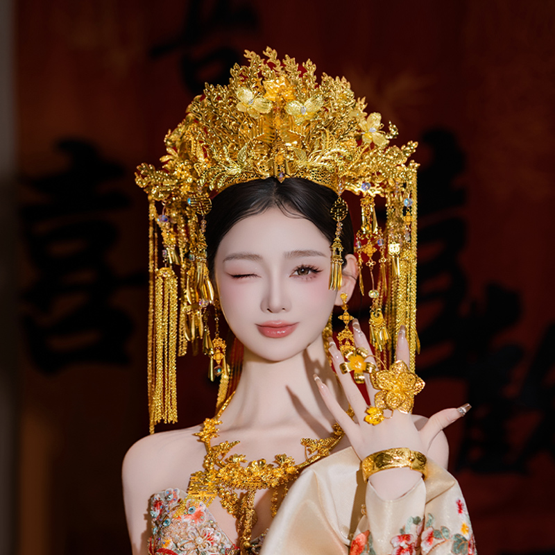新娘重工中式婚礼国风奢华金色花朵大凤冠精致后区长流苏汉服配饰