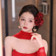 新娘头饰红色侧边发夹耳环套装 仿真花朵森系结婚气质小众敬酒发饰