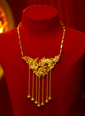 龙凤褂金色新娘项链中式秀禾服流苏龙凤呈祥颈链马面裙结婚配饰品