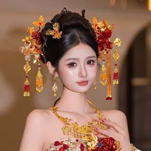新娘古风秀禾红色手工造液花流苏高级发簪复古龙凤褂婚礼发饰 中式