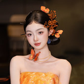 创意古风发饰套装 新娘头饰新中式 橘色系枯叶蝶小众婚礼服配饰新款