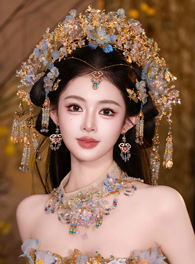 新中式古典新娘重工手作水凝花朵大凤冠流苏仙气梦幻礼服汉服配饰