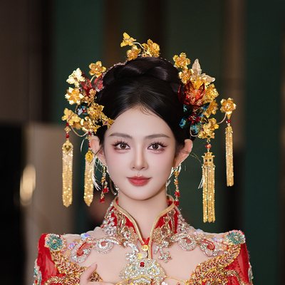 秀禾新娘头饰古风重工金色中式古装红蓝小众手工拉丝花朵发钗发饰