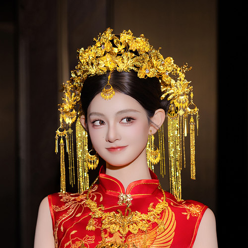 中式新娘婚礼大凤冠秀禾服奢华金色减龄结婚长流苏汉服龙凤褂配饰