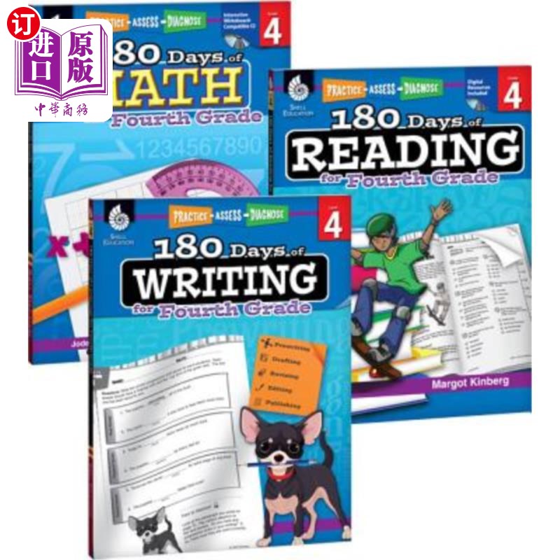 海外直订180 Days(tm) Reading, Writing and Math for Grade 4: 3-Book Set: Practice, Assess 四年级三本书的阅读、写作和