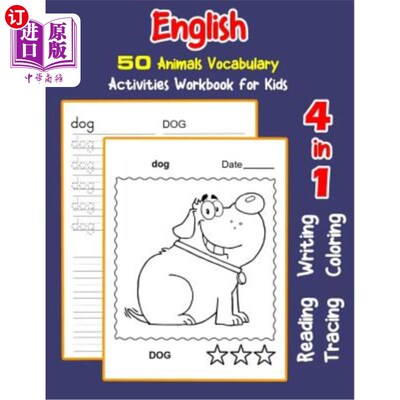 海外直订English 50 Animals Vocabulary Activities Workbook for Kids: 4 in 1 reading writi 英语50种动物词汇活动练习册