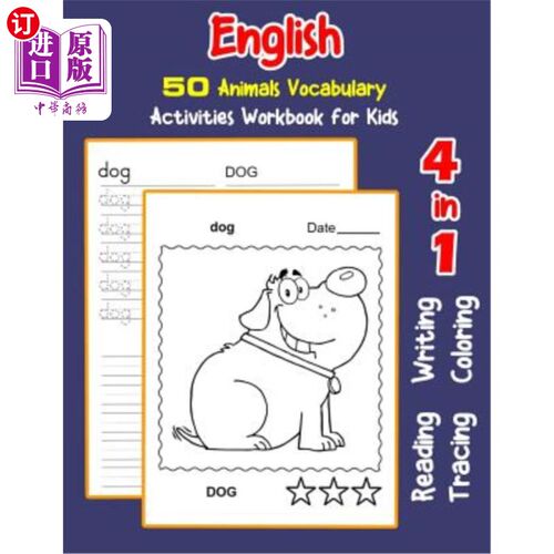 海外直订English 50 Animals Vocabulary Activities Workbook for Kids: 4 in 1 reading writi 英语50种动物词汇活动练习册