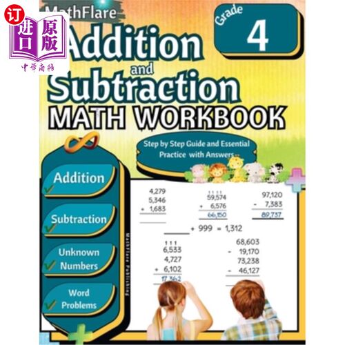 海外直订Addition and Subtraction Math Workbook 4th Grade: Word Problems Grade 4, Additio 四年级加减法数学练习册：四