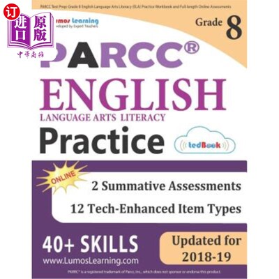 海外直订PARCC Test Prep: Grade 8 English Language Arts Literacy (ELA) Practice Workbook  PARCC考试准备：