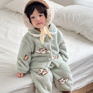 儿童睡衣加厚冬珊瑚绒套装男童女童法兰绒宝宝家居服加绒保暖开衫