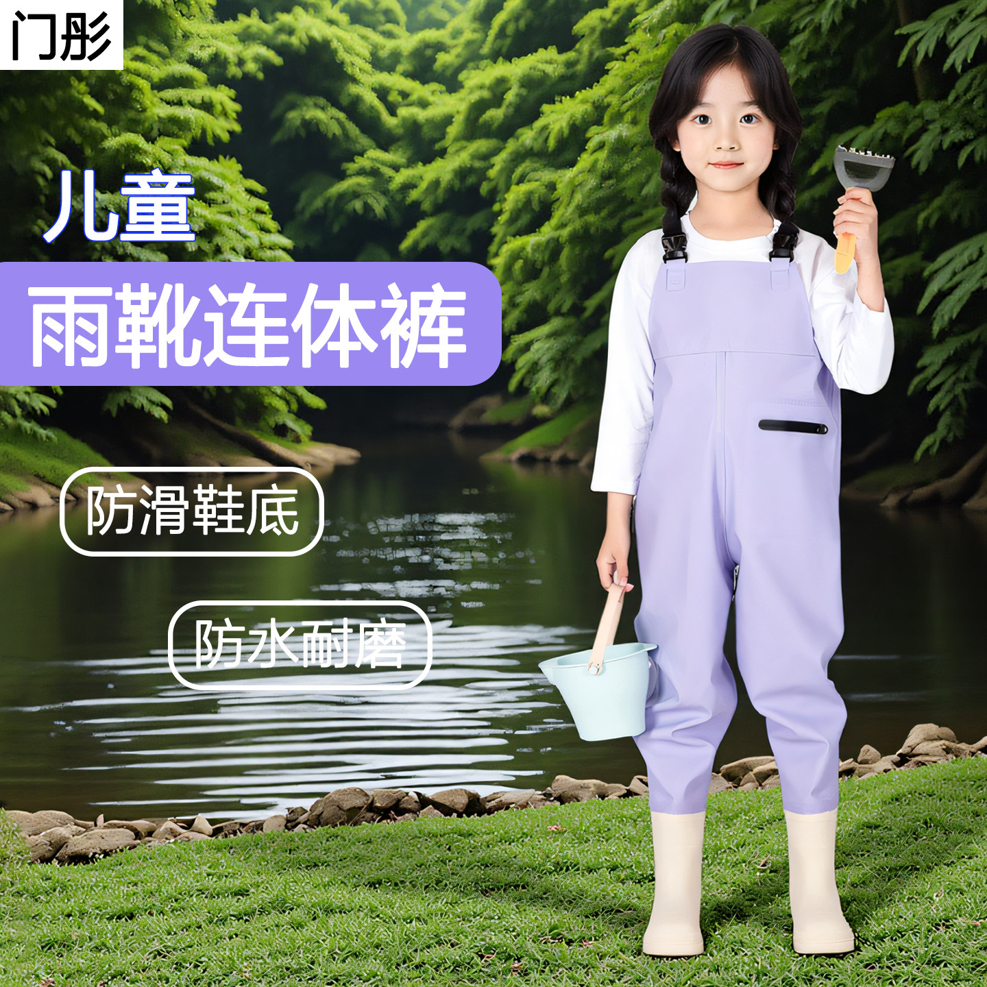 户外雨林徒步雨鞋儿童连体下水裤防滑雨靴小孩玩水服赶海防水耐磨