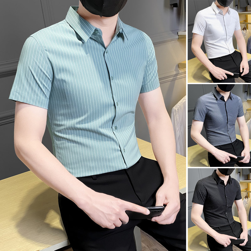 男士条纹短袖衬衫高端商务正装衬衫夏季薄款冰丝免熨烫休闲上衣男