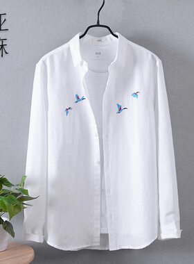男士亚麻长袖衬衫秋季薄款绣花宽松透气衬衣休闲日系棉麻男装寸衫