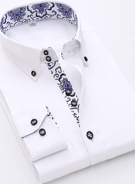 2025男士长袖衬衫休闲百搭商务短袖衬衣白色免烫职业装青花瓷男装