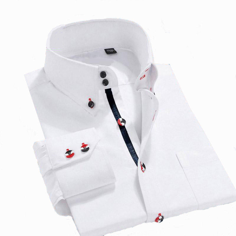 男士长袖拼色双层领衬衫韩版修身商务免烫婚宴白衬衣高端时尚男装