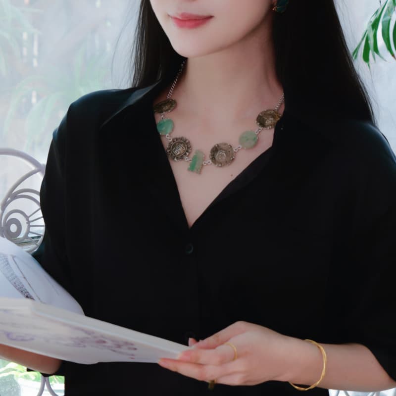 陶乐溪艺术珠宝 清代翡翠寿星仙鹤老银花字项链【长命富贵】
