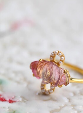 陶乐溪新中式珠宝 国潮 老碧玺蝙蝠珍珠18K金小戒指【福在眼前】