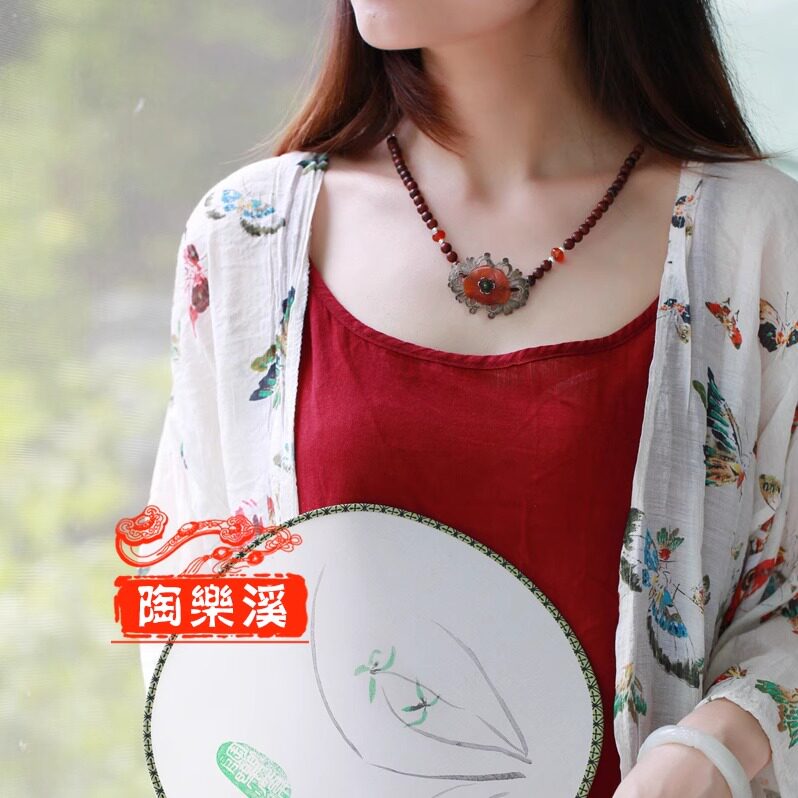 陶乐溪艺术珠宝 国风原创 清代老玛瑙帽花紫檀老银项链 手链 海棠