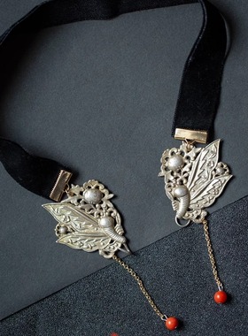 choker丝绒短项链陶乐溪清代老银