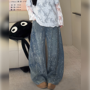 新品 W1509冬季 满天星亮闪闪 加肥胖mm宽松弯刀牛仔裤 爱豆牛仔