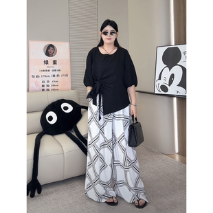夏季 女 EGG绿蛋家 新款 7983 大码 捻褶不规则下摆T恤纯色上衣阔腿裤