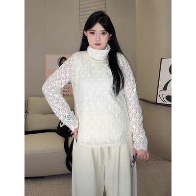 ◆软酪甜心◆大码胖MM法式纯色立领长袖蕾丝内搭叠穿打底衫W1267