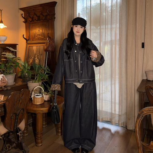【牛仔！松弛美学】高个子私服大码女复古牛仔外套阔腿裤套装2582