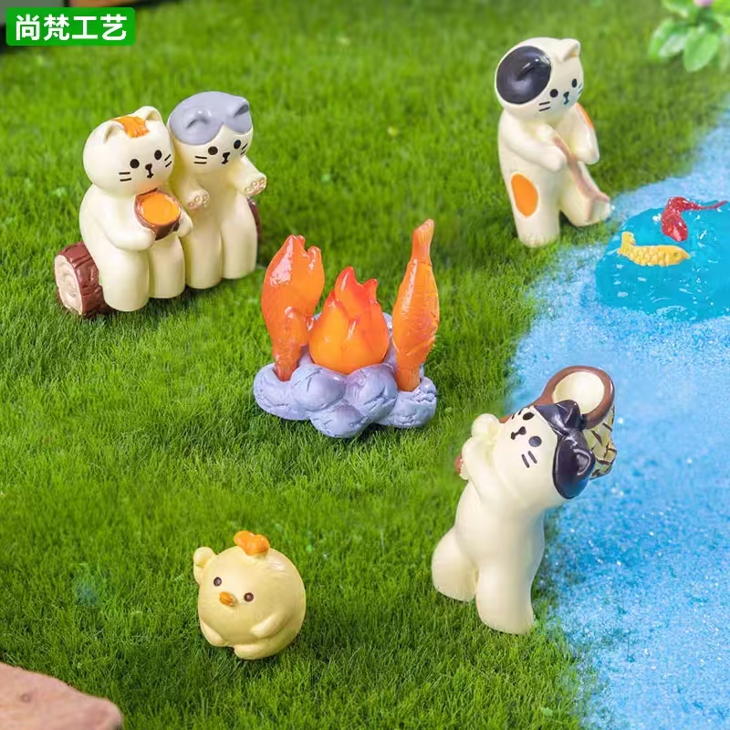 微景观创意野炊日式猫猫公仔摆件